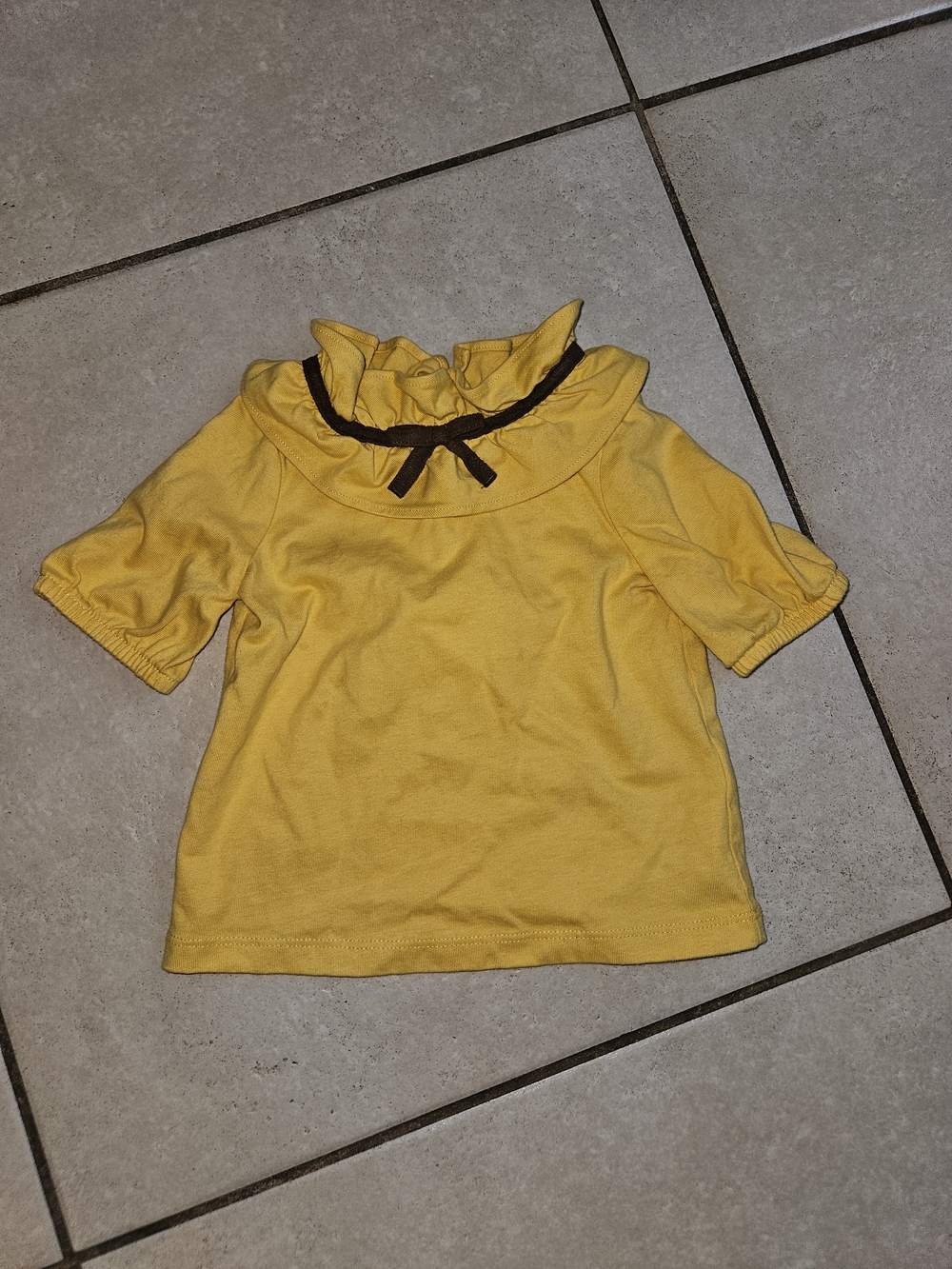 Janie and Jack Yellow Ruffle Neck Top with Brown Bow Accent